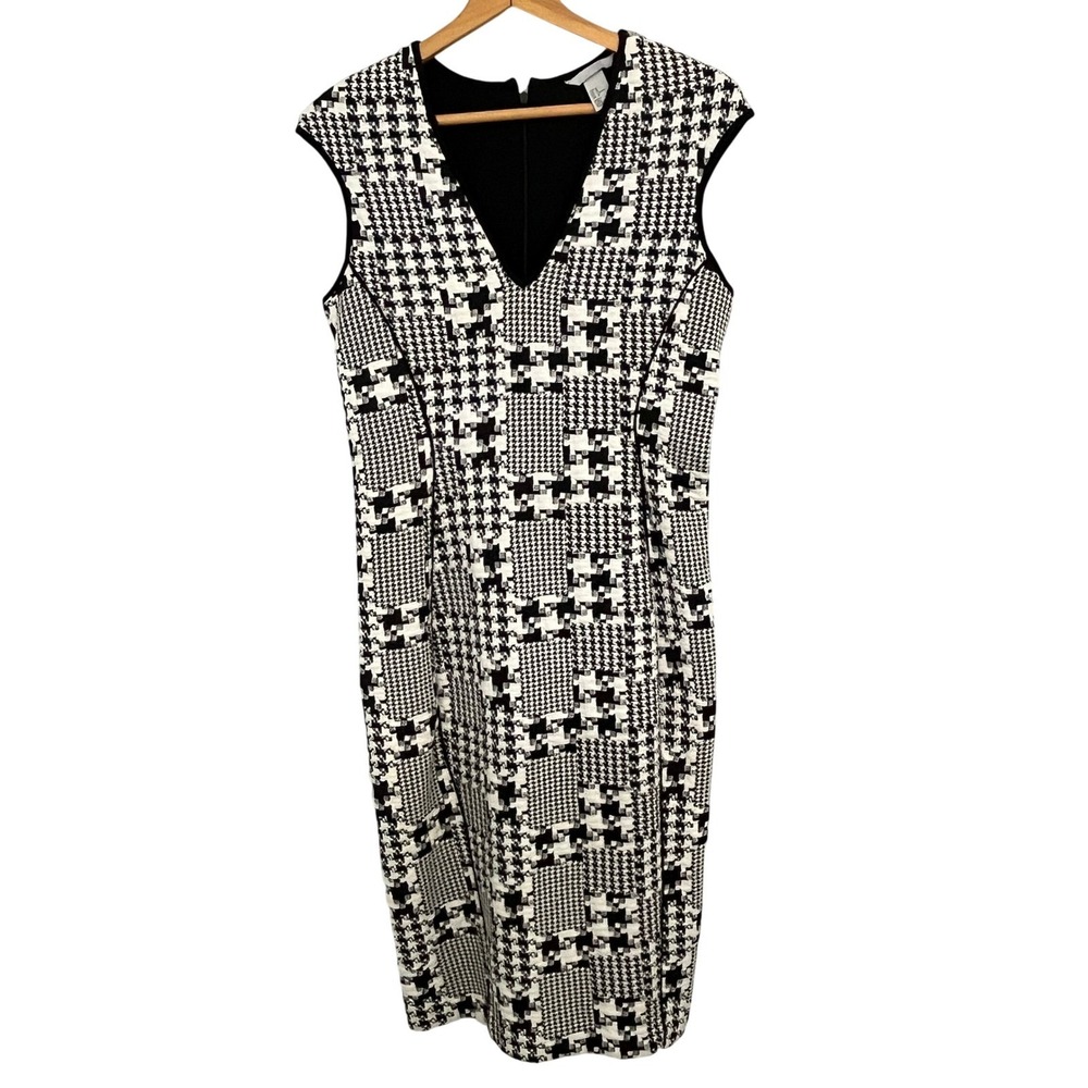 H&M Houndstooth Sheath Dress Black‎ White V Neck Midi Women's M City Chic Office